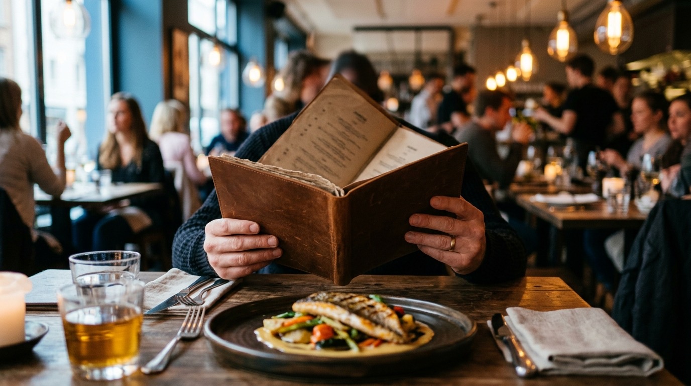 Un comensal leyendo la carta en una sala de restaurante llena y cálida, con un plato emplatado delante: el precio lo decide el mercado y el valor percibido