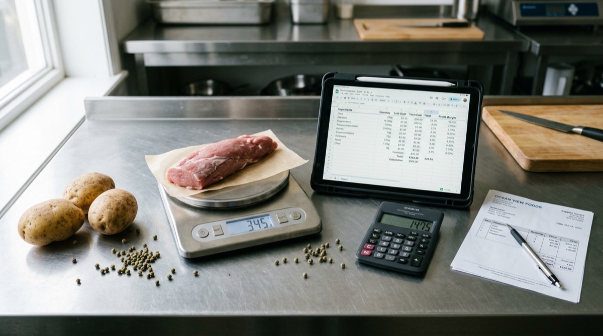 Encimera de cocina profesional con una báscula pesando un solomillo, una tablet con una hoja de escandallo, una calculadora, patatas y una factura de proveedor