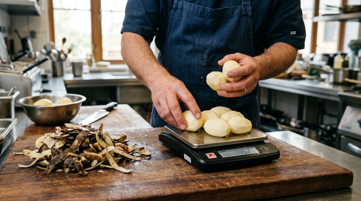 Chef pesando ingredientes en una balanza digital con los recortes de merma separados a un lado, en una cocina profesional luminosa