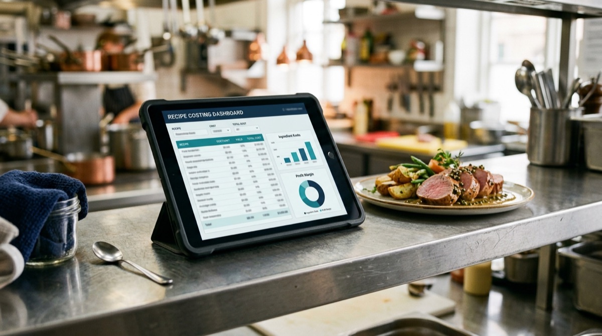 Tablet mostrando un escandallo dinámico que recalcula coste, food cost y PVP, junto al plato de solomillo emplatado