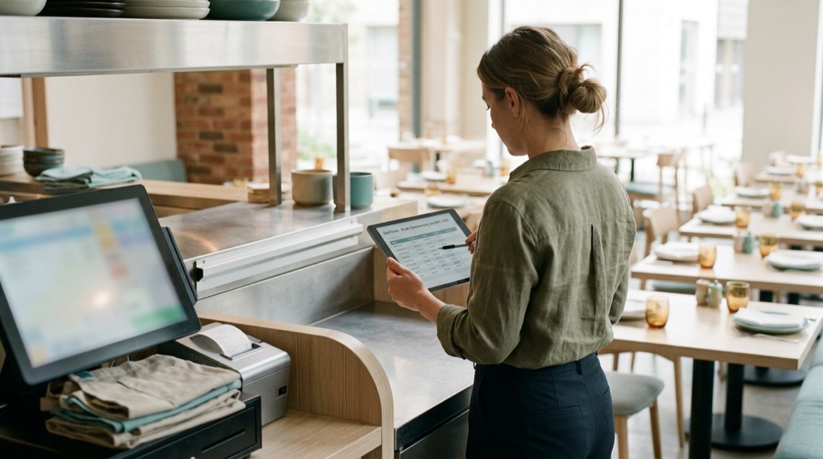 Fotografía realista de hostelería profesional: cocina y sala en servicio, con un responsable consultando datos de personal y ventas en una tablet, luz natural, sin caras a cámara ni texto.
