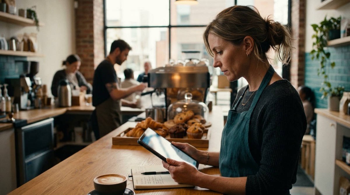 Fotografía realista de un encargado en una cafetería revisando un cuadrante de turnos y horas trabajadas frente a las ventas en una tablet, luz natural, sin caras a cámara ni texto.