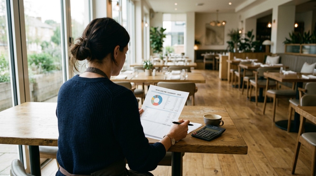 Gerente de un restaurante revisando una cuenta de resultados impresa con un gráfico de costes, junto a una calculadora y un café, en una sala luminosa al cierre del día