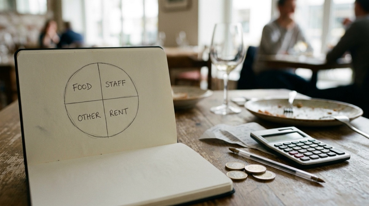 Cuaderno sobre una mesa de restaurante con un gráfico circular dibujado a mano que reparte los costes en cuatro categorías —food, personal, alquiler y otros— junto a una calculadora y unas monedas