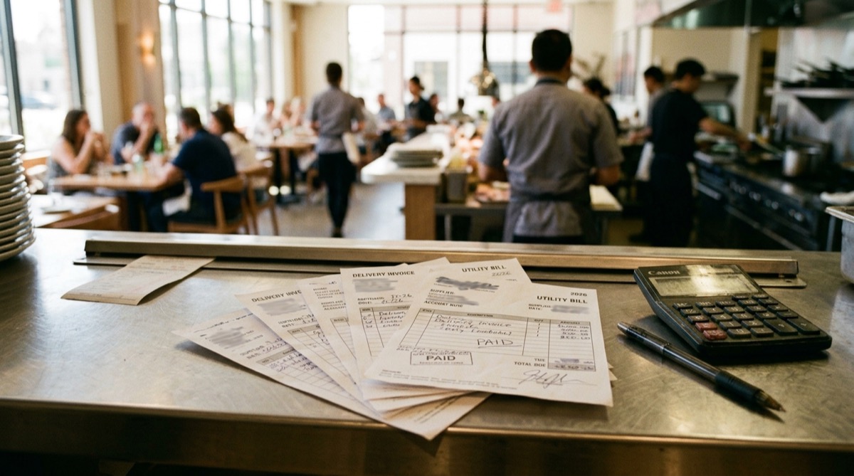 Facturas de proveedor y de suministros desplegadas en el pase de un restaurante junto a una calculadora, con la sala y la cocina trabajando al fondo, ilustrando el control de los costes recurrentes