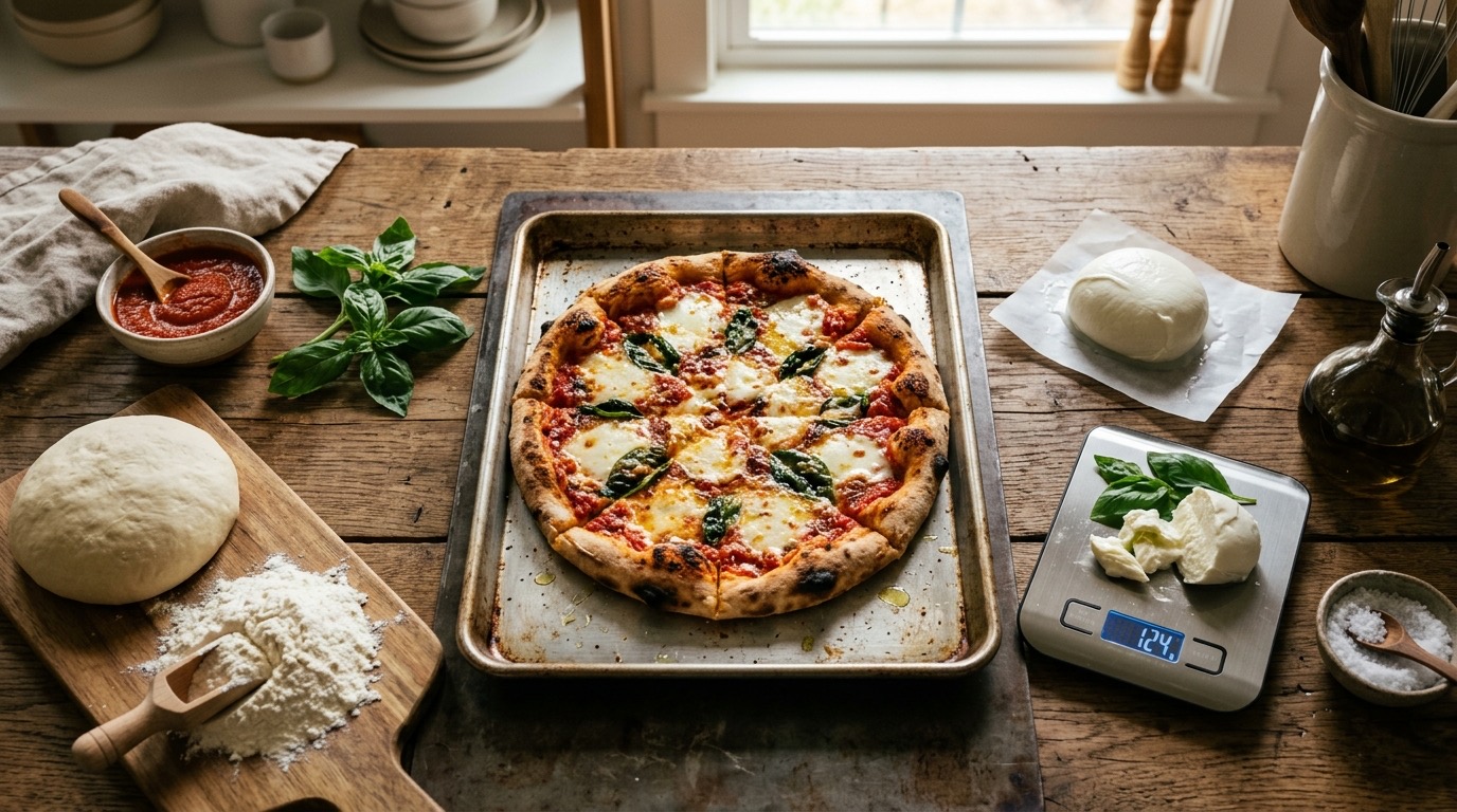 Vista cenital de una pizza margarita rodeada de sus ingredientes: bola de masa, harina, salsa de tomate, mozzarella fresca, albahaca y aceite de oliva, junto a una báscula de cocina