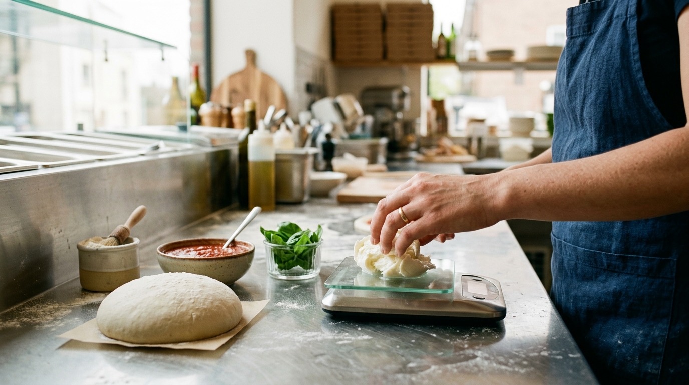 Una báscula digital pesando mozzarella fresca en el mostrador de una pizzería, junto a una bola de masa, salsa de tomate y albahaca: los ingredientes de una margarita uno a uno