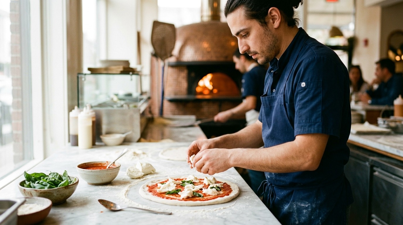 Un pizzaiolo cubriendo una base de pizza estirada con mozzarella fresca ante un horno de leña encendido