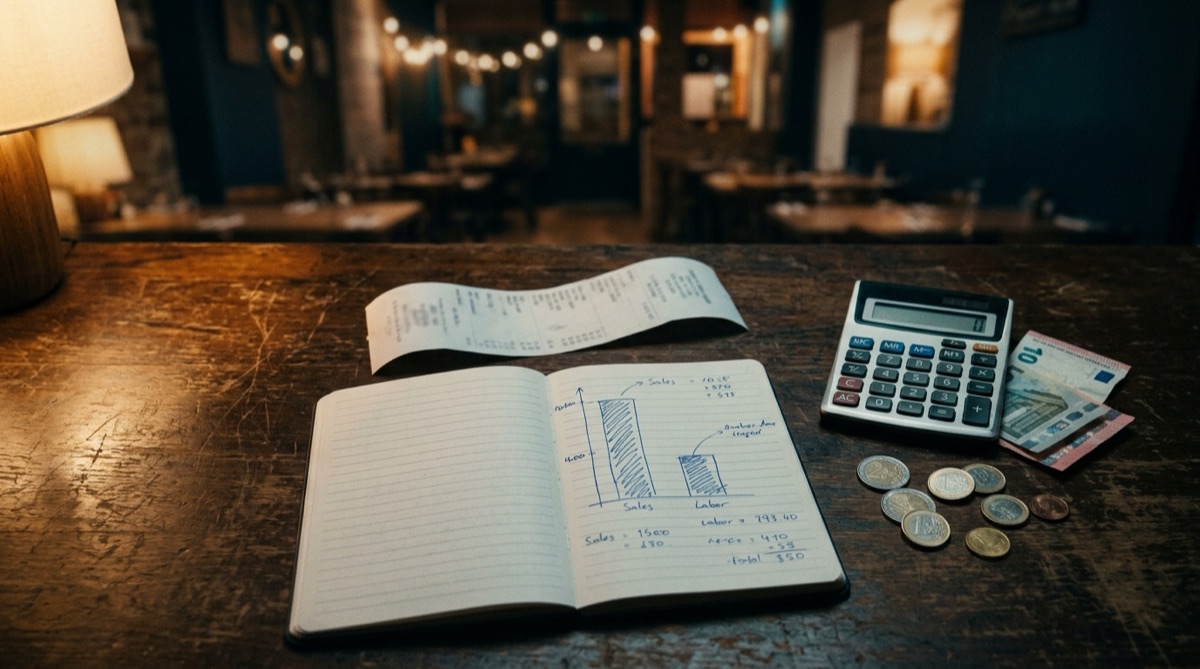 Mesa de un restaurante al cierre con un tique de caja, una libreta donde hay dos columnas dibujadas a mano (una alta y una baja), monedas y billetes de euro y una calculadora