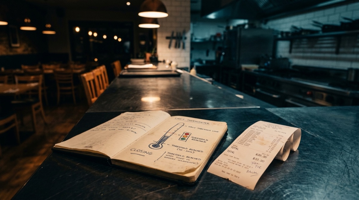 Pase de cocina de un restaurante al cierre del servicio con una libreta donde hay un termómetro y un semáforo dibujados a mano que marcan el suelo de ventas del día, junto a un tique de cierre de caja