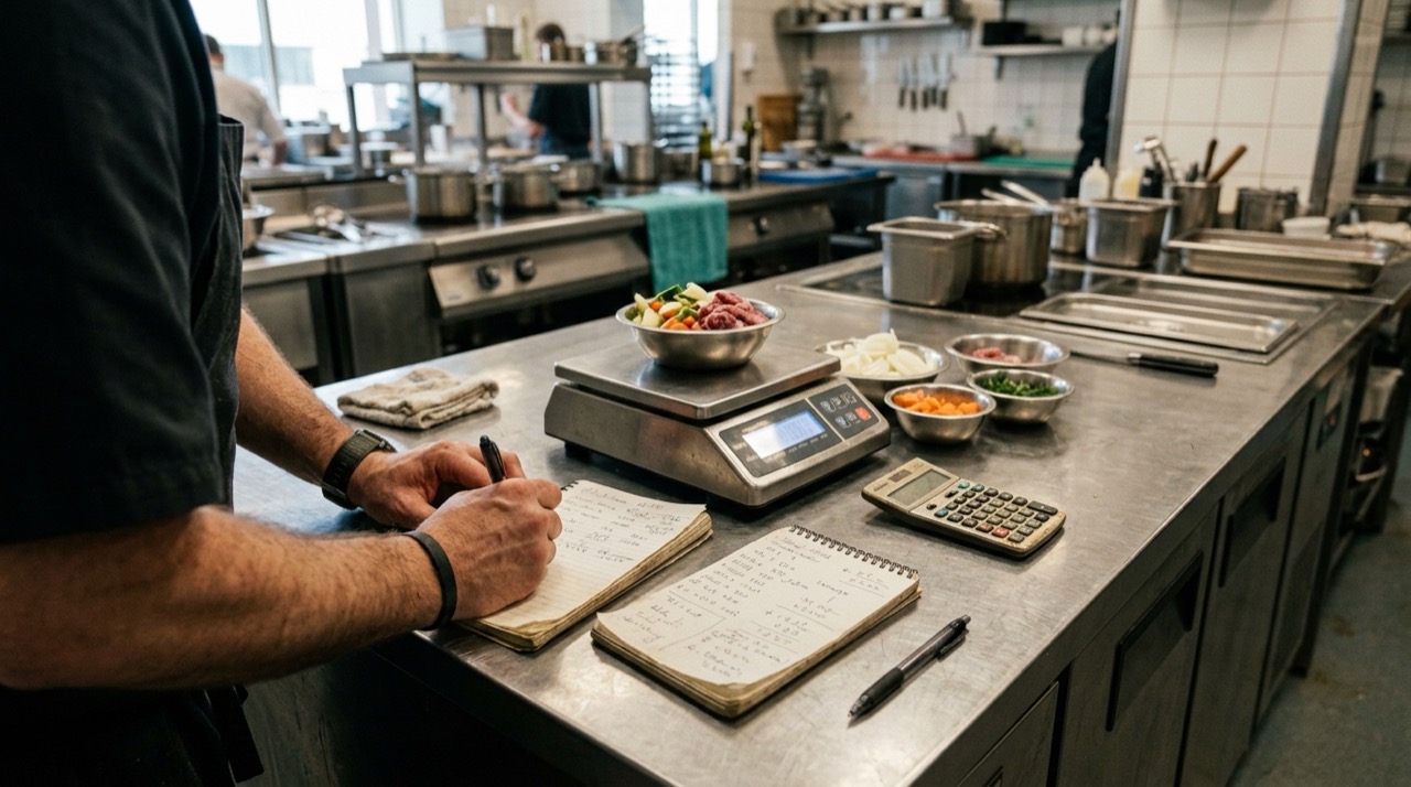 Encimera de acero inoxidable con una báscula digital pesando ingredientes, un cuaderno con anotaciones a mano y una calculadora en una cocina profesional