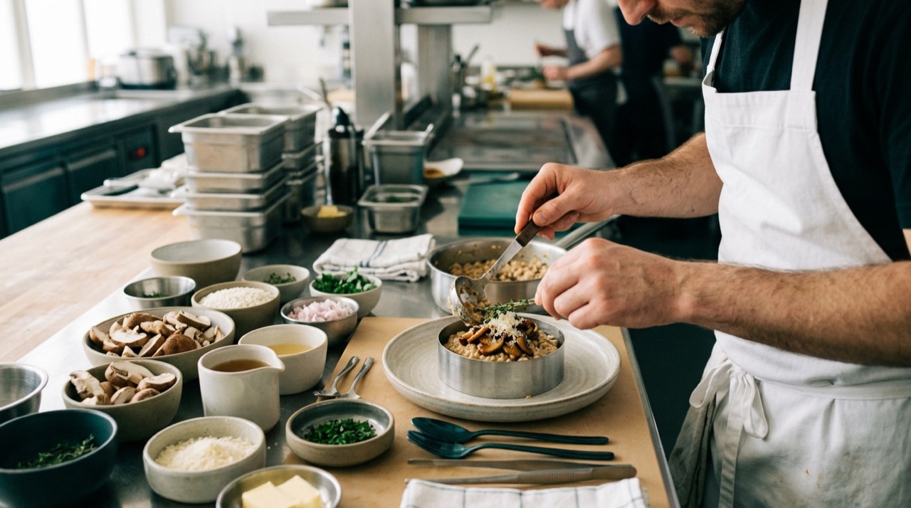 Cocinero emplatando un risotto de setas con un aro de emplatar rodeado de un mise en place de ingredientes medidos en una cocina profesional
