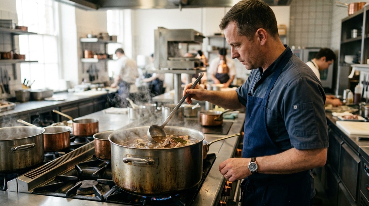 Cocinero removiendo con un cazo una olla grande de fondo oscuro de carne al fuego en una cocina profesional, con vapor elevándose