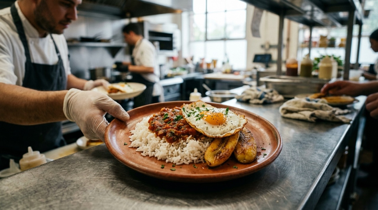 Arroz a la cubana emplatado en plato de cerámica con arroz blanco, salsa de tomate y sofrito, huevo frito y plátano frito, sobre un pase de acero inoxidable
