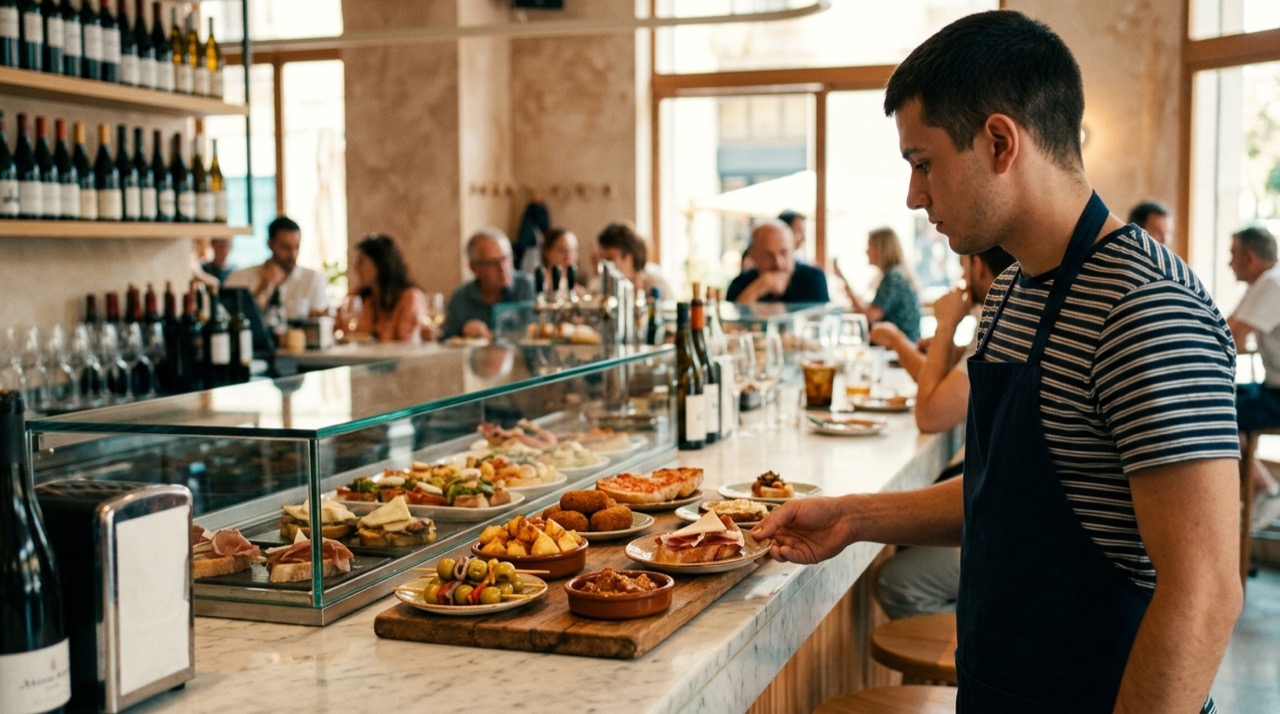 Barra de un bar de tapas luminoso con vitrina de cristal y una tabla de madera con croquetas, patatas bravas, aceitunas y montaditos; un camarero de perfil deja un plato en el mármol.