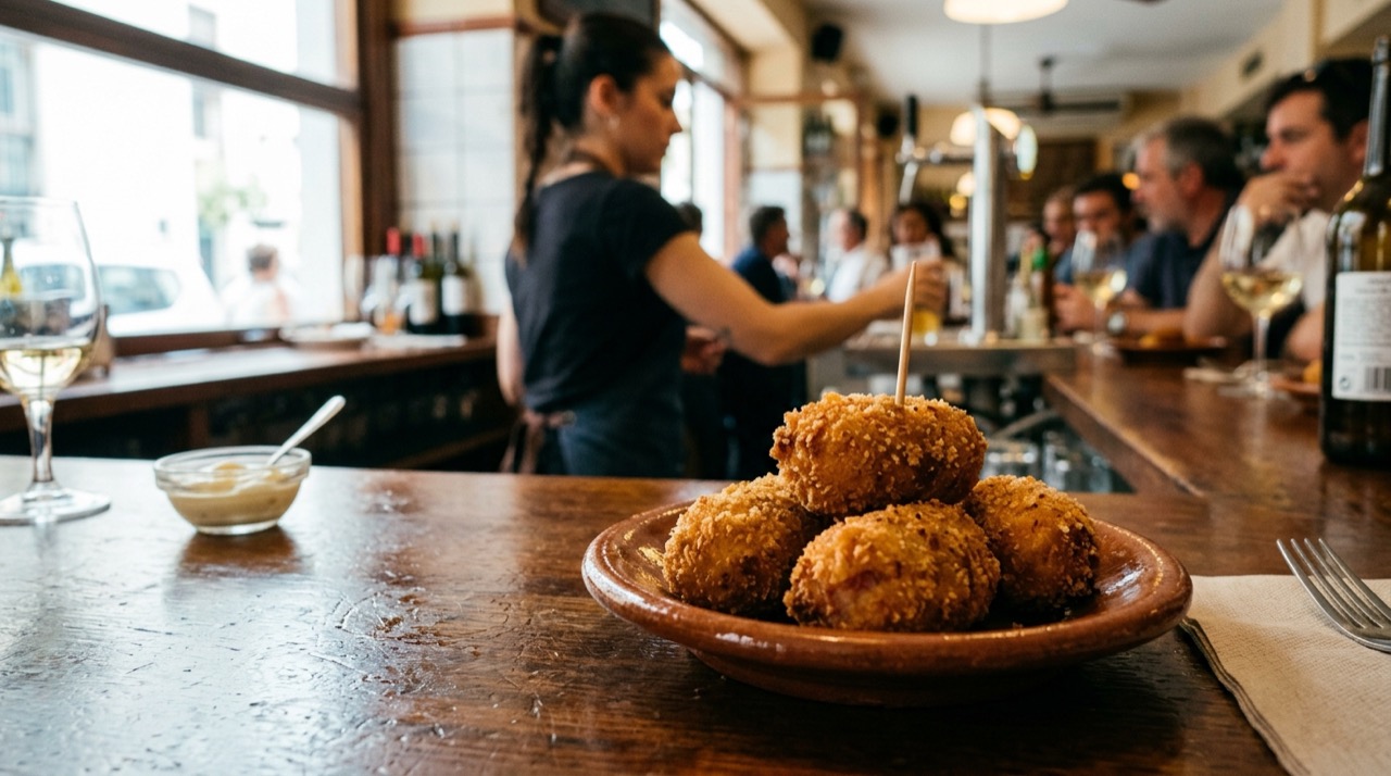 Plato de barro con croquetas de jamón recién fritas y un palillo, junto a un cuenco de alioli y una copa de vino sobre la barra de madera de un bar de tapas.