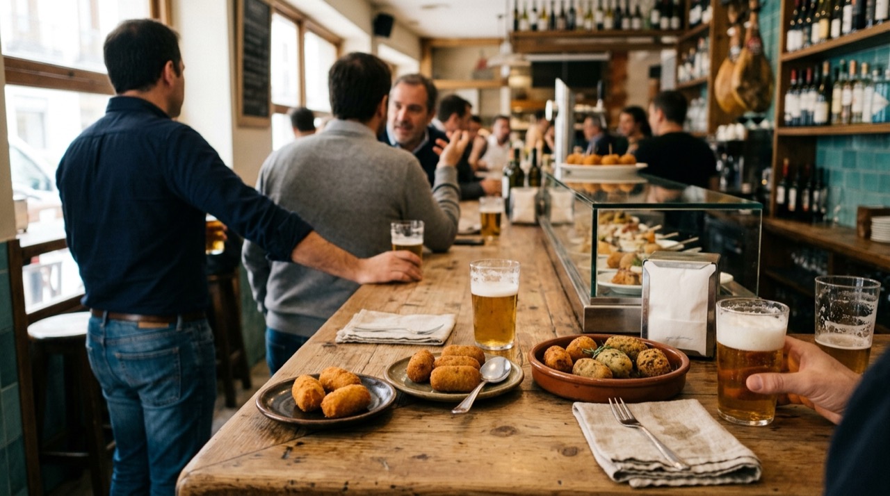 Barra de madera de un bar de tapas con varias cañas de cerveza y platos de croquetas en distintos tamaños, con una pata de jamón y una vitrina de tapas al fondo.
