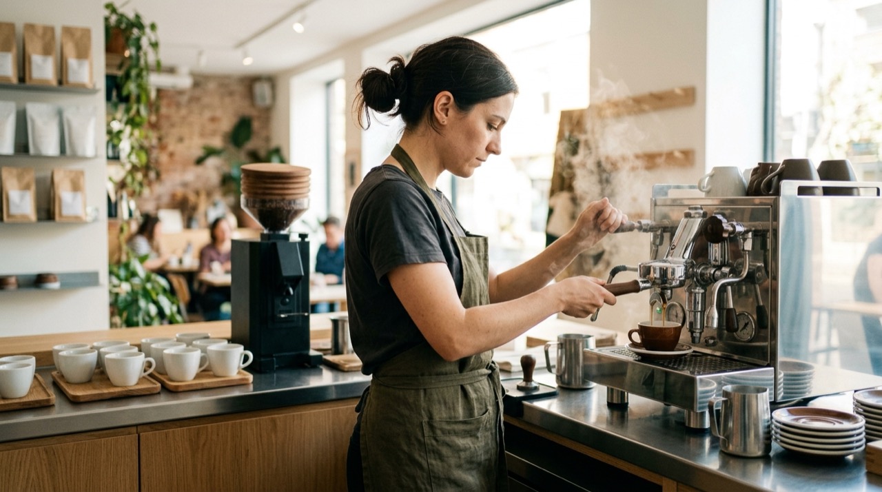 Barista de perfil preparando un espresso en la máquina cromada de una cafetería de especialidad luminosa, con tazas blancas alineadas en la barra.