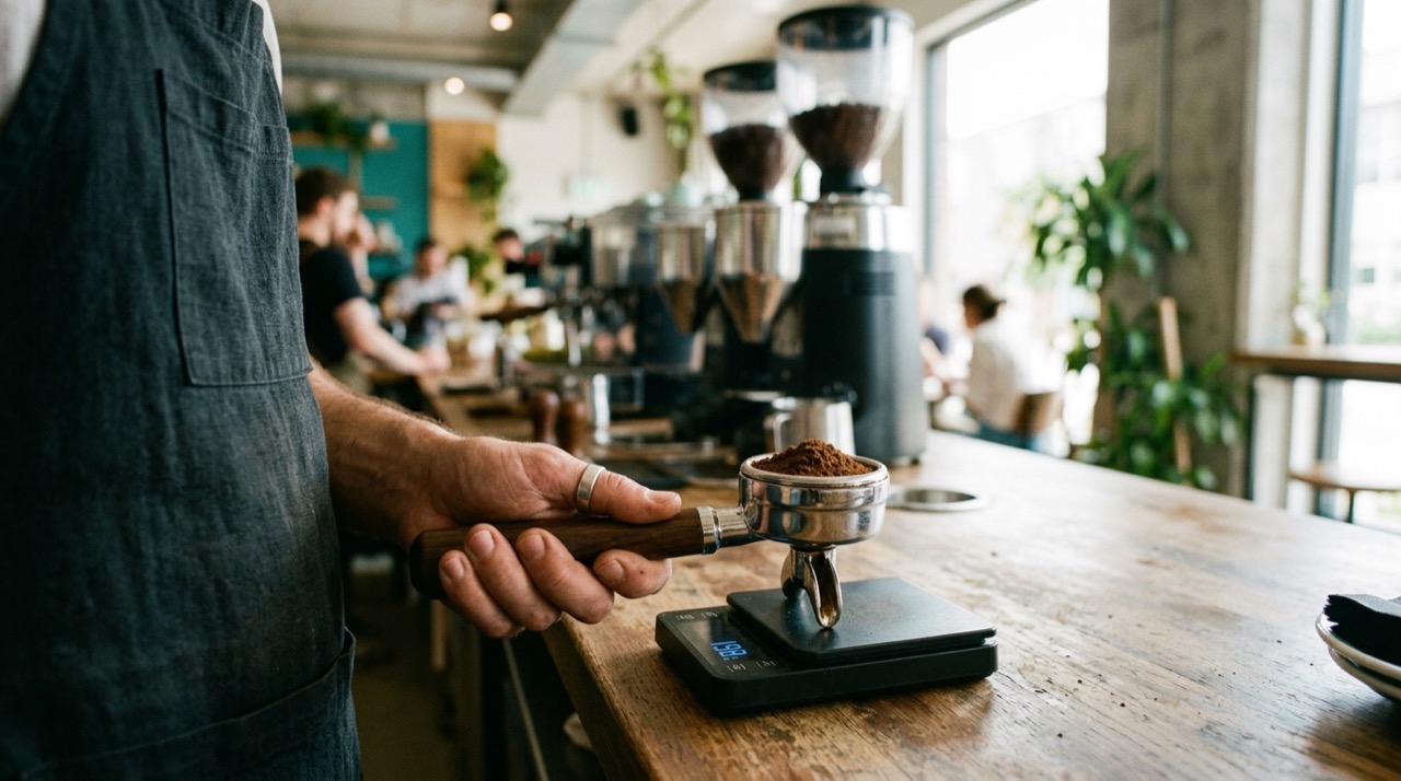 Primer plano de una mano sujetando un portafiltro con café molido sobre una báscula digital de dosificación en la barra de una cafetería.