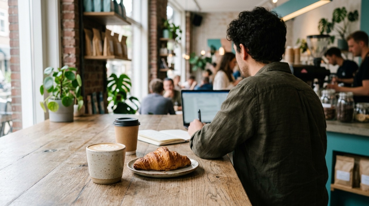 Flat white con arte latte junto a un croissant en un plato y un vaso de café para llevar sobre la barra de madera de una cafetería.