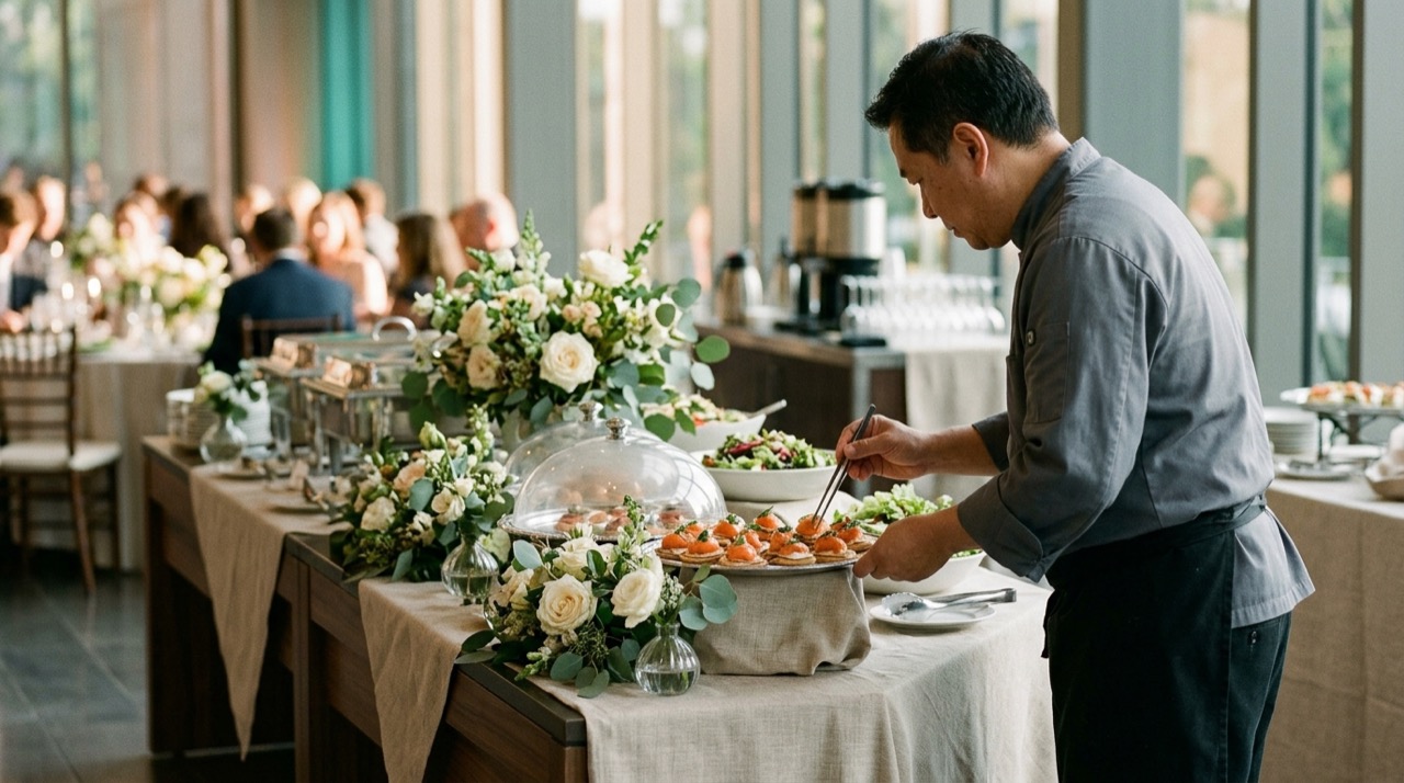 Cocinero de catering emplatando canapés en una mesa buffet decorada con flores durante un evento, con invitados al fondo