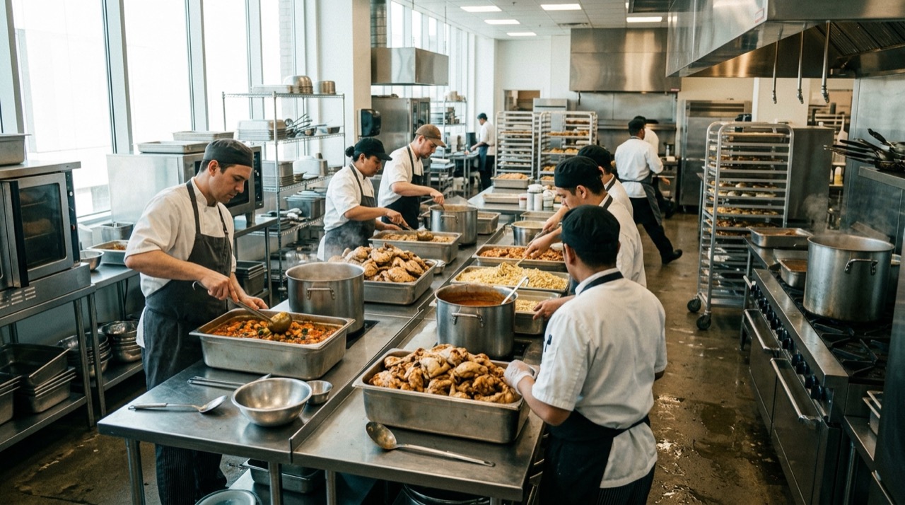 Cocina de producción de catering con cocineros llenando grandes bandejas gastronorm y ollas para cientos de comensales