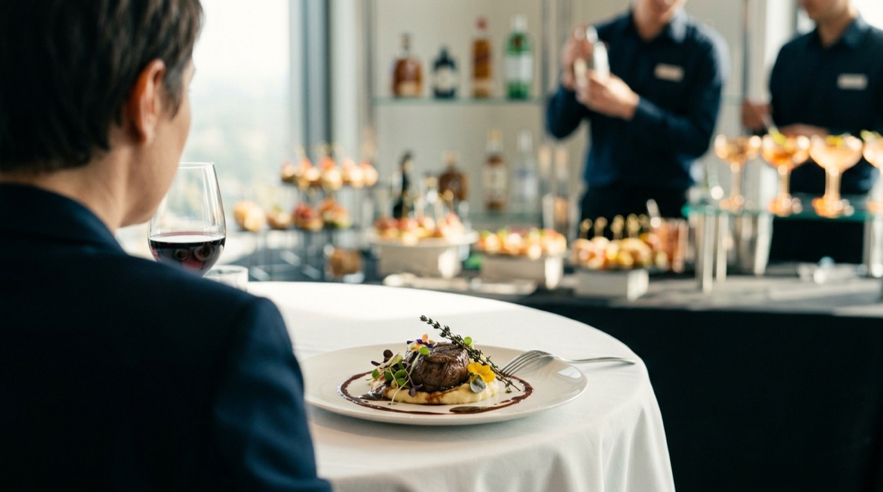 Plato de banquete emplatado con solomillo y guarnición sobre mesa vestida, con estación de cóctel y canapés al fondo