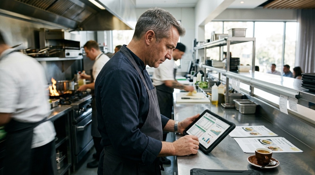 Hostelero revisando la cuenta de resultados de su restaurante en una tablet con la sala de fondo: el escandallo cuadra pero el beneficio no aparece
