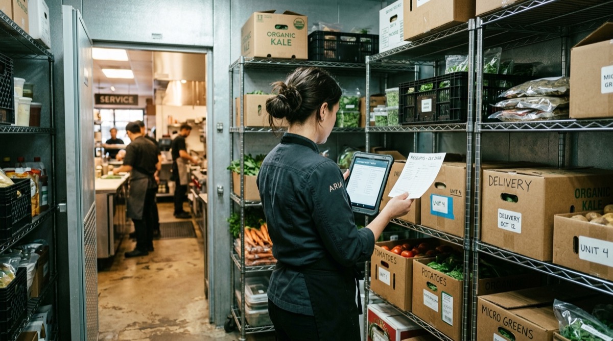 Cocinero haciendo el recuento de inventario en la cámara frigorífica de un restaurante con una tablet, comparando el food cost teórico con el real