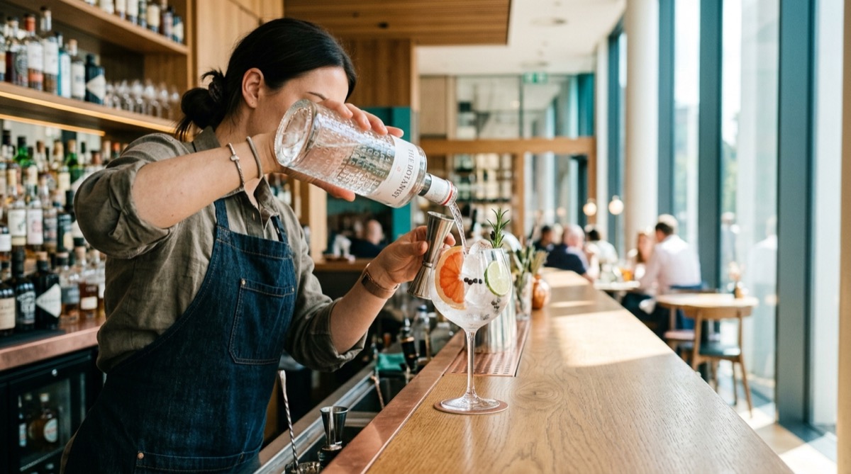 Bartender preparando un gin tonic premium en una coctelería luminosa, midiendo la ginebra con precisión sobre un vaso de balón con hielo