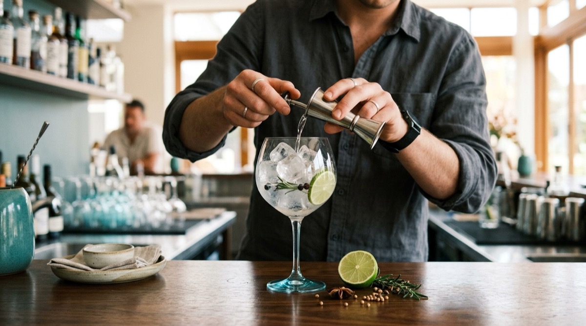 Bartender midiendo la ginebra con un jigger sobre un vaso de balón mientras prepara un gin tonic premium en una coctelería luminosa