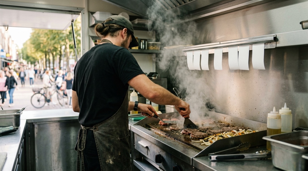 Cocinero de espaldas asando hamburguesas y verduras en la plancha del interior de un food truck, con la calle al fondo por la ventanilla abierta.
