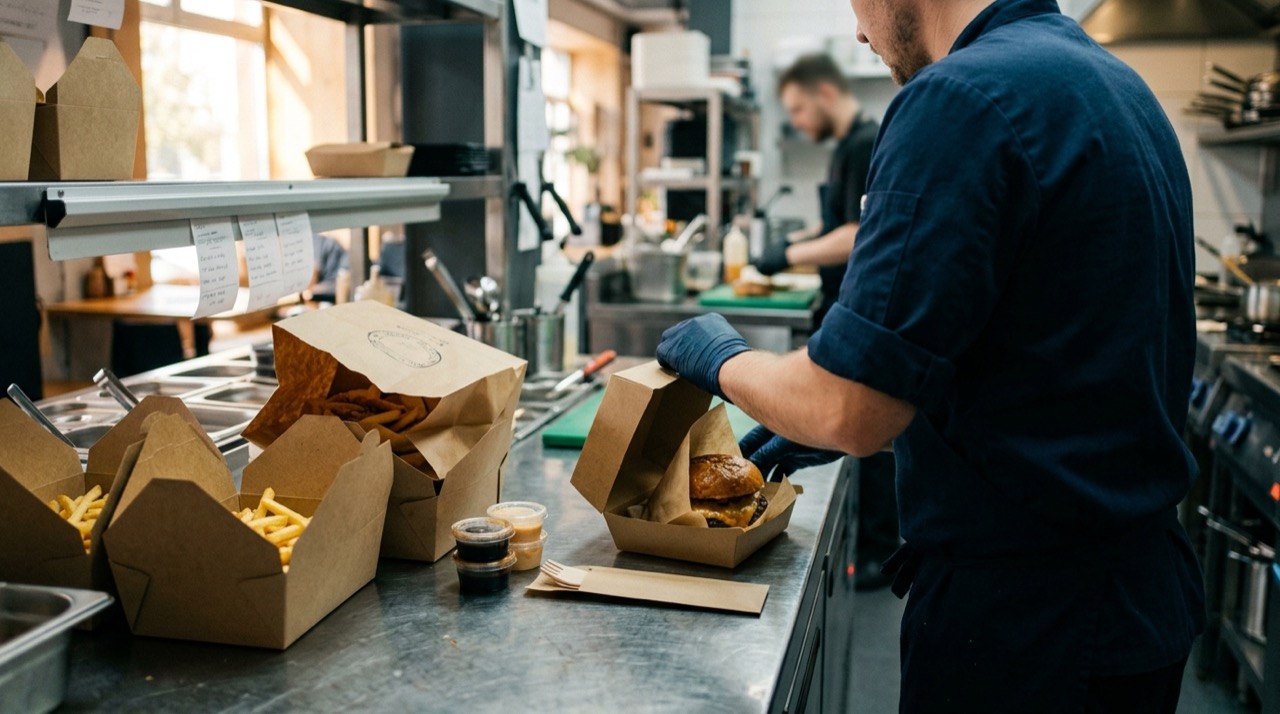 Envases de cartón kraft con patatas y una hamburguesa listos para reparto, preparados por un cocinero en una cocina de delivery, con salsas en monodosis.