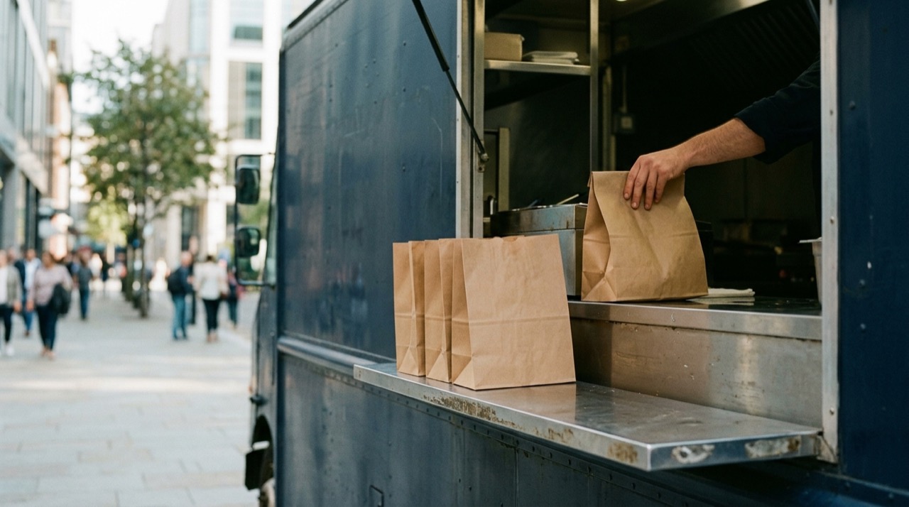 Bolsas de papel kraft de comida para llevar alineadas en la ventanilla de un food truck, con la mano del cocinero entregando un pedido y la calle al fondo.
