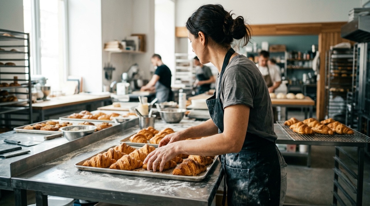 Pastelero de perfil colocando bandejas de croissants recién horneados sobre una encimera de acero inoxidable en un obrador luminoso con harina