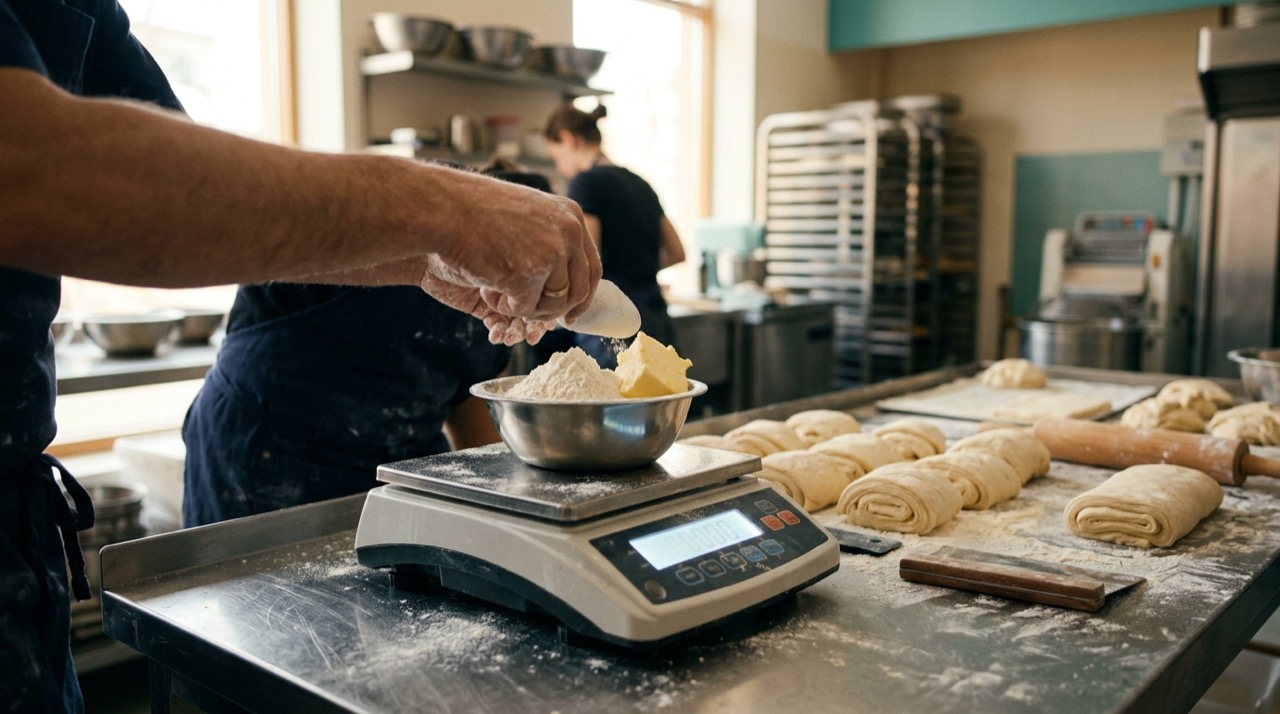 Mano de panadero añadiendo un trozo de mantequilla a un bol con harina sobre una balanza digital de precisión, con masa laminada al lado