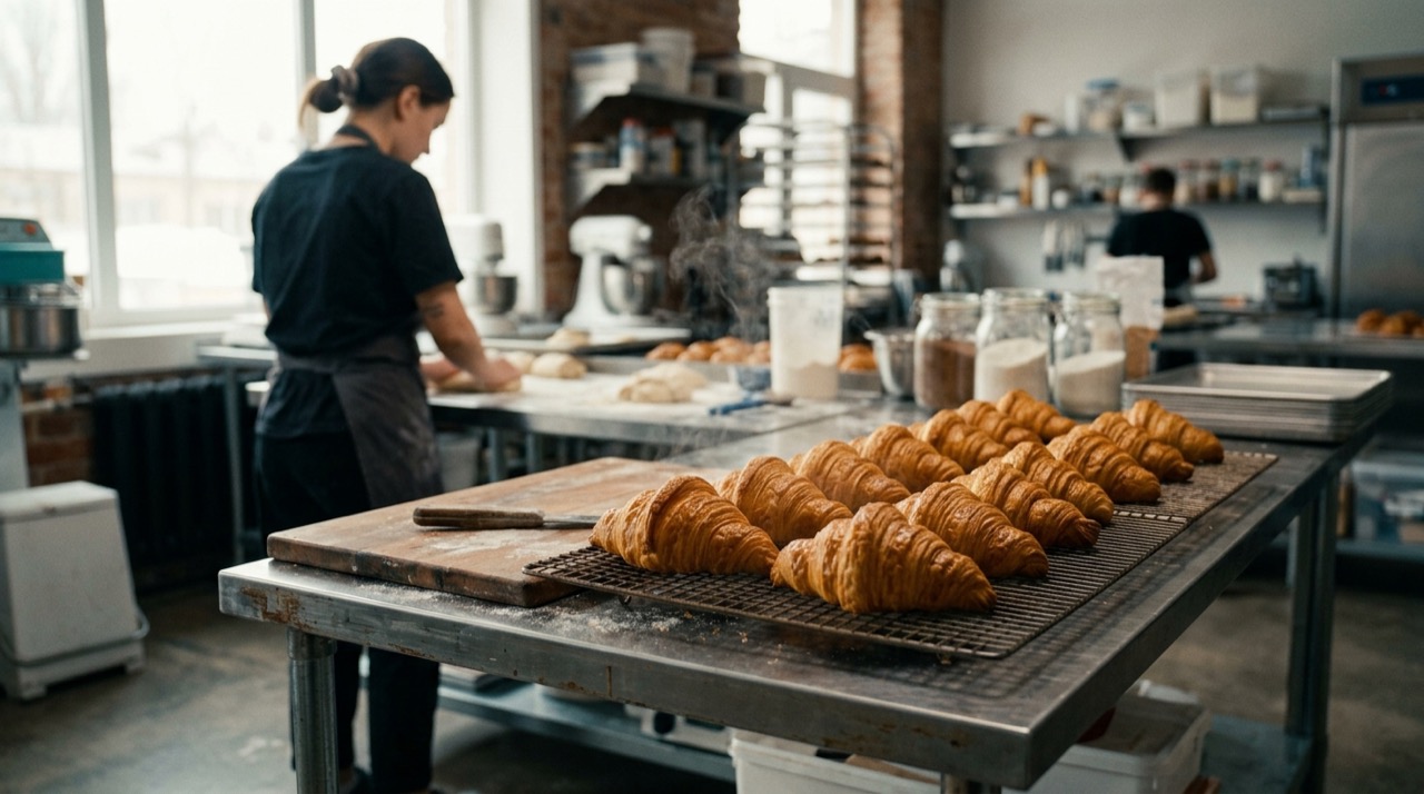 Tanda de croissants dorados enfriándose sobre una rejilla metálica, con vapor tenue, en un obrador luminoso