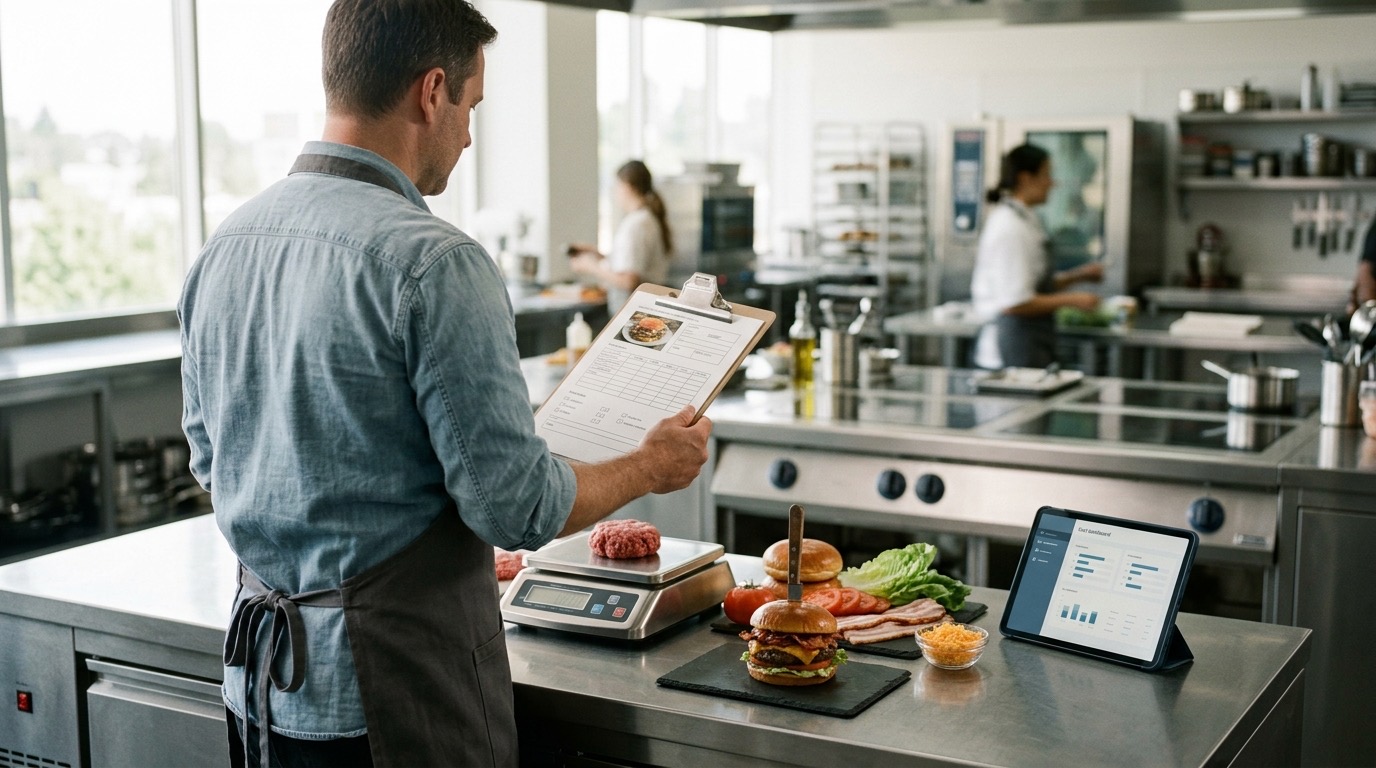 Jefe de cocina en una cocina profesional luminosa revisando una ficha técnica en un portapapeles, junto a una báscula que pesa carne picada, una hamburguesa BBQ emplatada y una tablet con un panel de costes