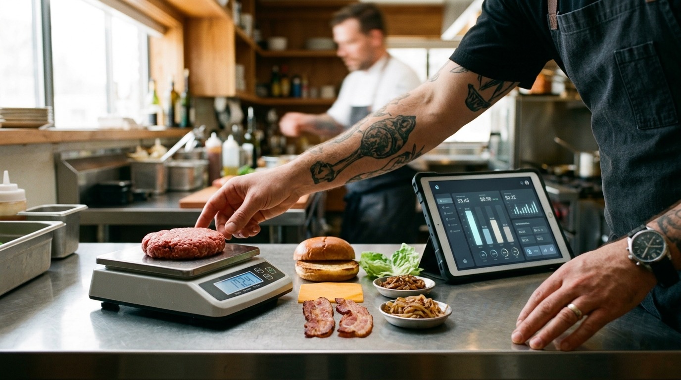 Báscula digital pesando una hamburguesa mientras se descomponen sus ingredientes —pan, cheddar, bacon y cebolla— junto a una tablet con el desglose de costes por ración