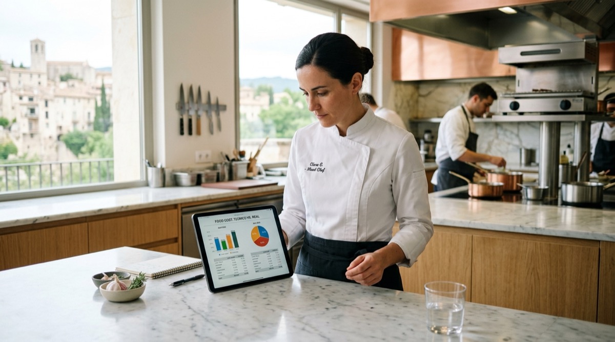 Chef comparando el food cost teórico y el real sobre una tablet en una cocina profesional luminosa