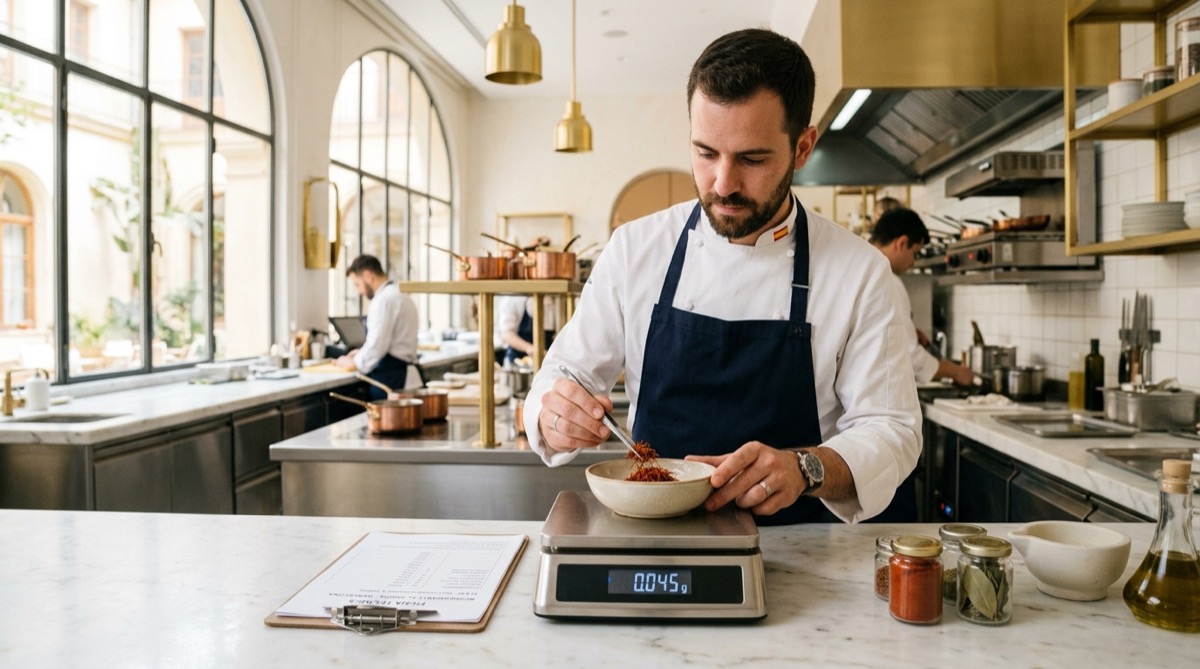 Cocinero pesando ingredientes con balanza digital junto a una ficha técnica en una cocina profesional