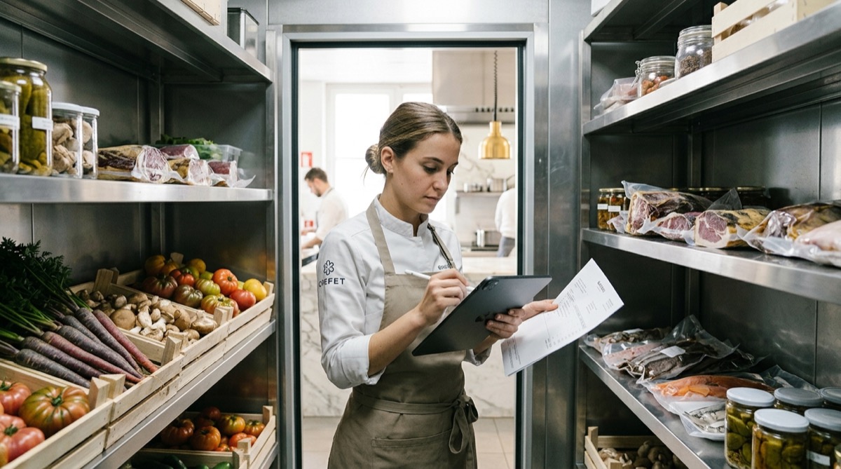 Recuento de inventario en la cámara frigorífica de un restaurante con tablet y albaranes