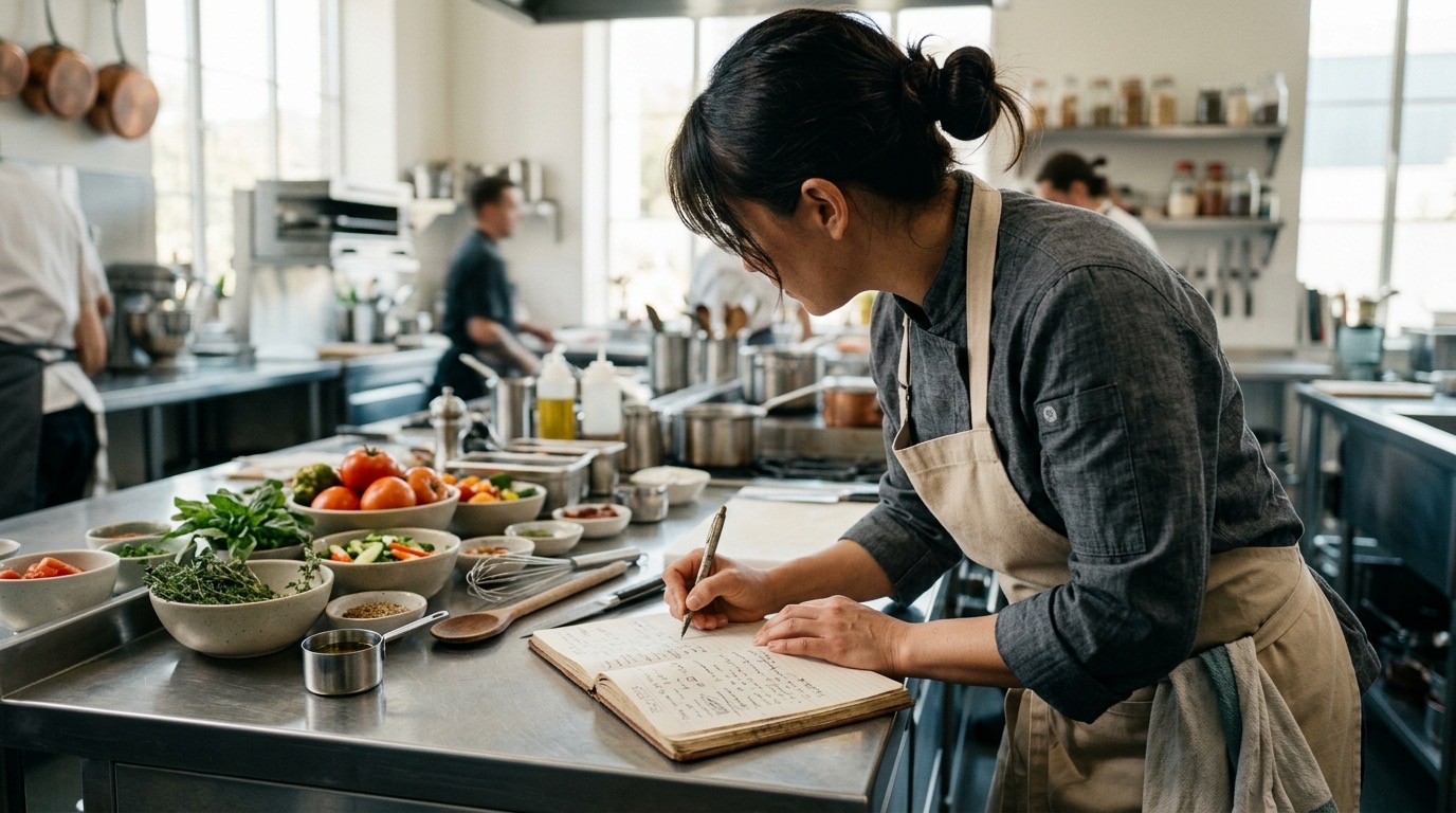 Chef profesional escribiendo una receta estándar en una libreta, cocina moderna con ingredientes frescos