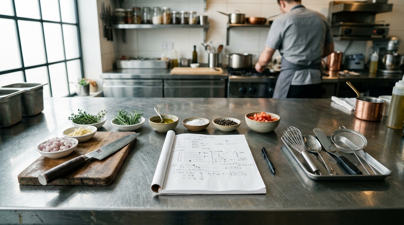 Cocina profesional con utensilios y receta desplegada sobre la mesa