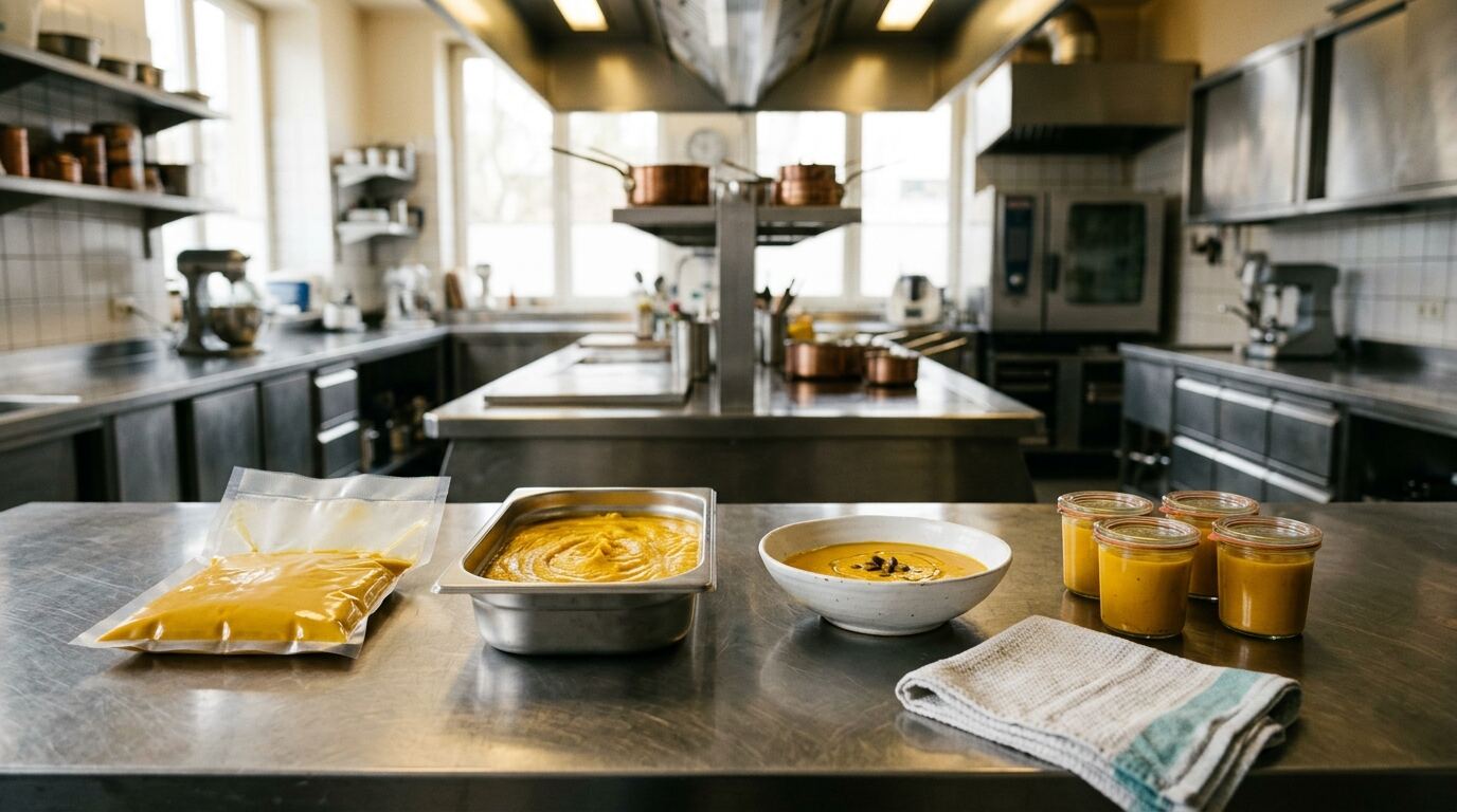 The same pumpkin cream in a vacuum bag, gastronorm pan, bowl and jars on a central kitchen steel table