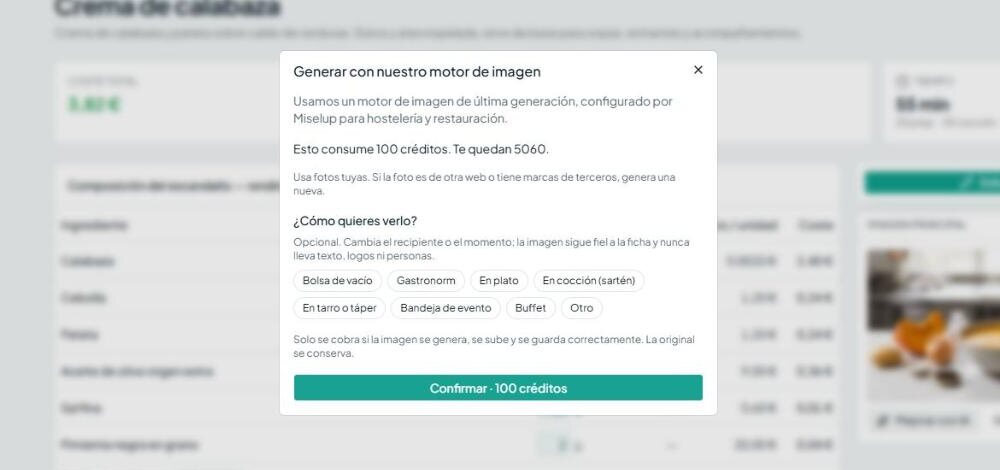 Miselup's “Generate with our image engine” dialog on the pumpkin cream sheet, with the “How do you want to see it?” chips: vacuum bag, gastronorm, on a plate, while cooking, in a jar or food container, event tray, buffet and other