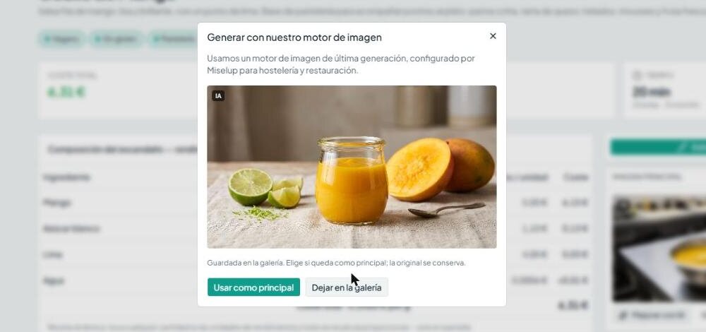 Image generated with the “In a jar or food container” direction: mango coulis in a glass jar with mango and lime