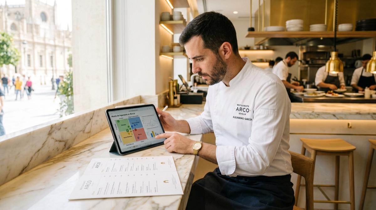 Chef analizando la matriz de ingeniería de menús en una tablet mientras revisa la carta de su restaurante