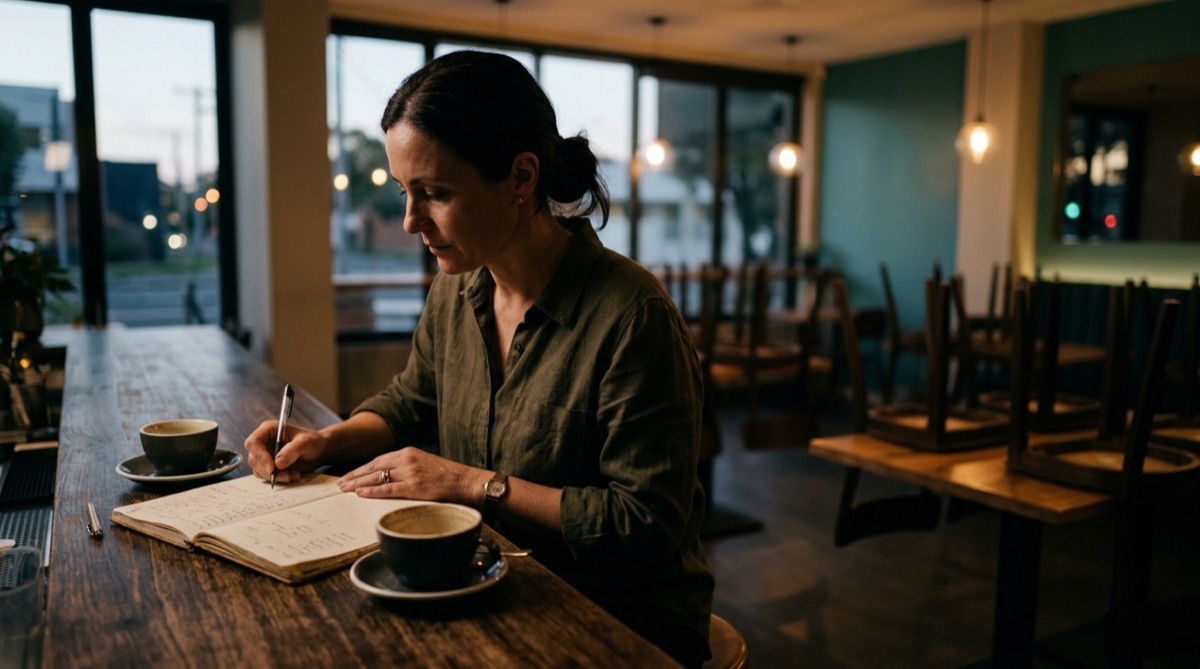 Responsable de restaurante revisando anotaciones de cifras del día en una libreta al cierre del servicio, luz cálida, ambiente profesional, sin texto legible ni pantallas.