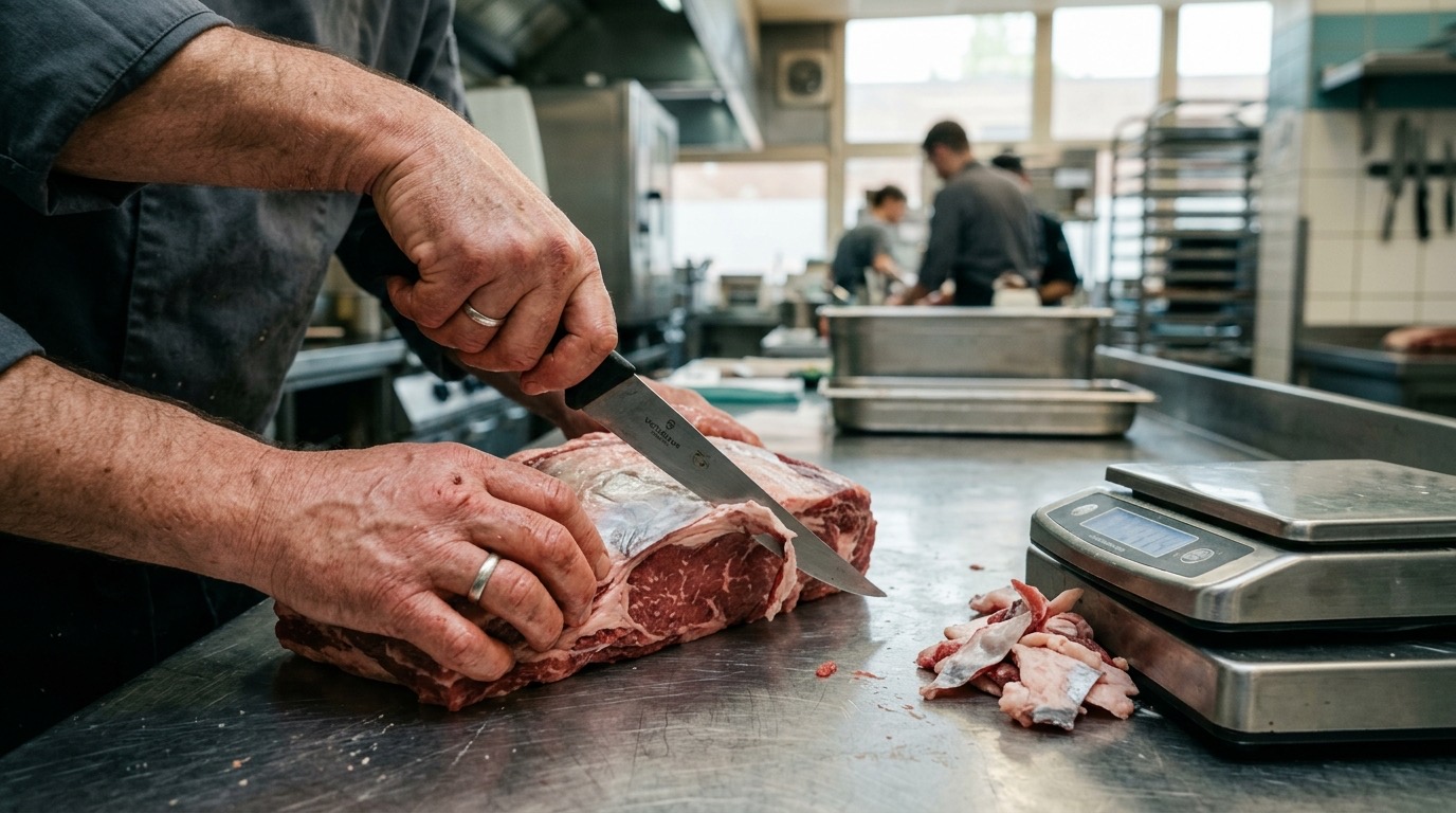 Manos de cocinero desgrasando y limpiando en crudo un lomo bajo de ternera con cuchillo sobre una mesa de acero inoxidable en una cocina profesional